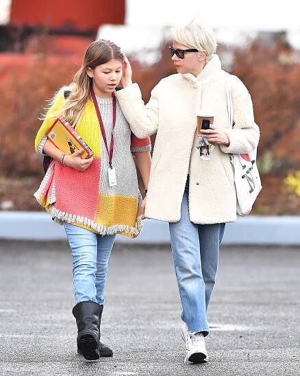 Michelle Williams and Matilda Ledger walking together in Brooklyn.
