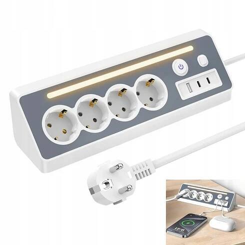 Prodlužovací kabel síťový, 4 zásuvky 220V 1,5m USB a 2x Type-C