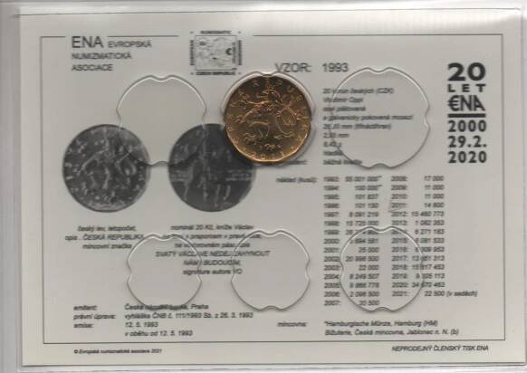 20 Kč 1996 UNC s jubilejní kartou (2021) v blistru ENA a kapse Lindner - Numismatika