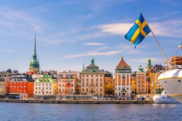 Stockholm staré město panorama, panoráma města Švédska stock fotka