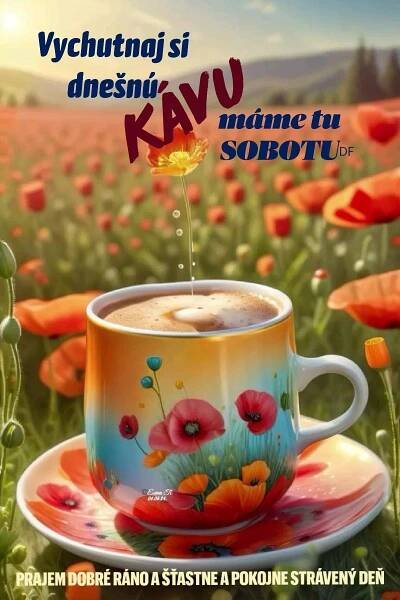 a coffee cup on a saucer in the middle of a field with poppies