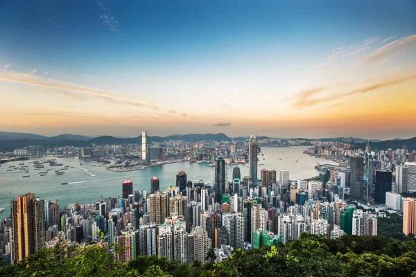 panorama hongkongu při západu slunce - hong kong - stock snímky, obrázky a fotky