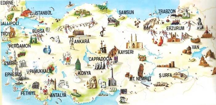 Mapa zajímavých míst k výletům na území Turecka