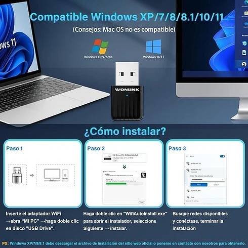 WONLINK USB WiFi adaptér pro PC, Mini USB WiFi anténa, Dual Band USB WiFi karta 5GHz & 2,4GHz USB