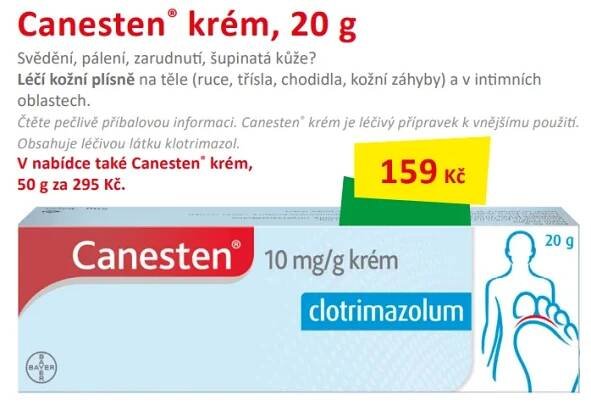 Balení Canesten krém 20 g. Zobrazená akční cena 165 Kč.