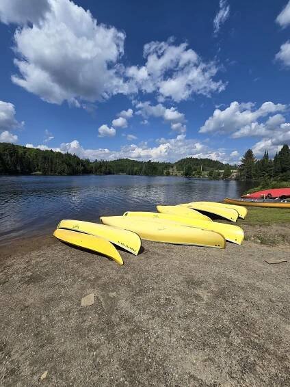 Several yellow canoes on the shore of tea lake.
