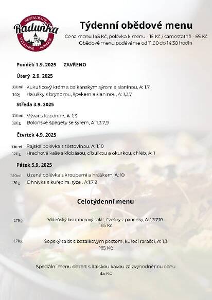 Obědové MENU :: Raduňka - restaurace & penzion