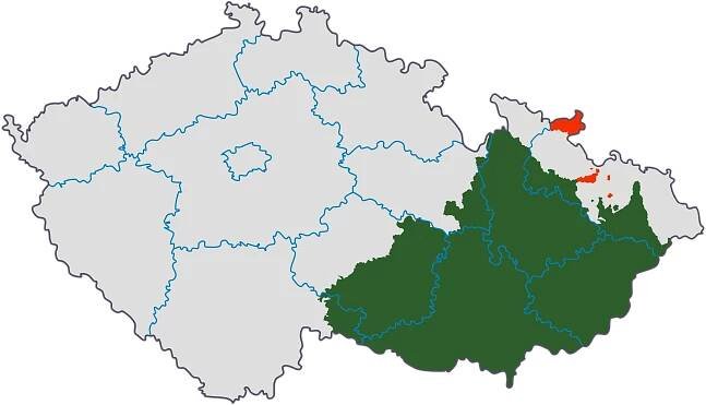Morava (zeleně) a moravské enklávy ve Slezsku (červeně) v hranicích z roku 1920 na mapě České republiky.