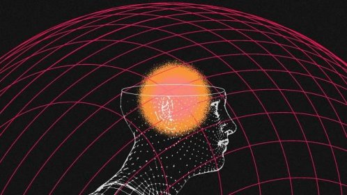 A person's head, an orange orb, and a wireframe red globe on a black background