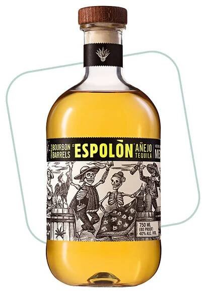 bottle of espolon anejo tequila with artistic label