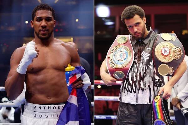 An image collage containing 2 images, Image 1 shows Anthony Joshua posing after a boxing match victory, Image 2 shows Moses Itauma posing with boxing championship belts