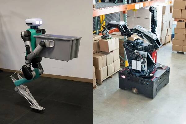 Side-by-side image of a humanoid robot lifting a box and a robot with a crane-like arm and wheels.