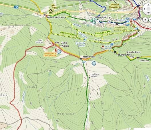 Mapa Janských Lázní s vyznačením, kudy vedla zrušená červená