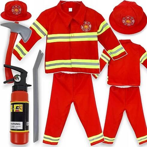 KOSTÝM HASIČE PŘEVLEK HASIČ KOSTÝM NA PLES L 122-134 cm 6v1 PŘÍSLUŠENSTVÍ