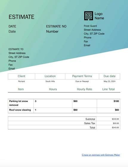 Free snow removal estimate template