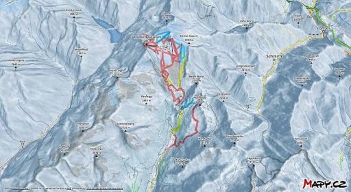 3D zimní mapa lyžařské oblasti Hintertuxer Gletscher (Hintertux)
