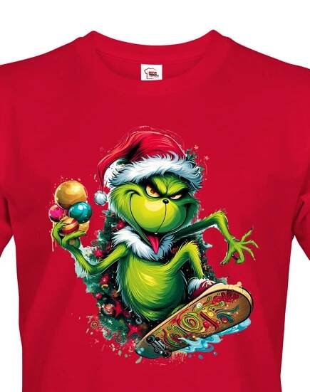 Pánské triko Grinch na skateboardu - skvělé vánoční triko