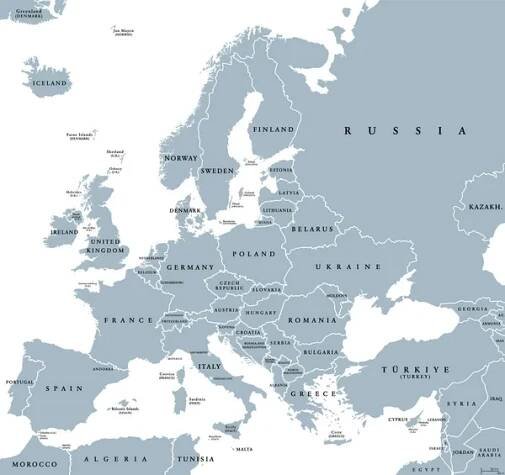 Europe with a part of the Middle East, gray political map. Western part of the continent Eurasia, located in the Northern Hemisphere. Countries with international borders and English labeling. Vector — Ilustrace