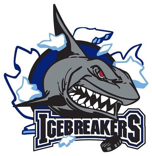 Shark breaking through ice with the words IceBreakers underneath