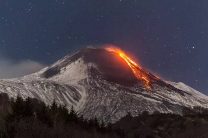 Mount Etna eruption sends lava spewing and huge column of gas into night sky