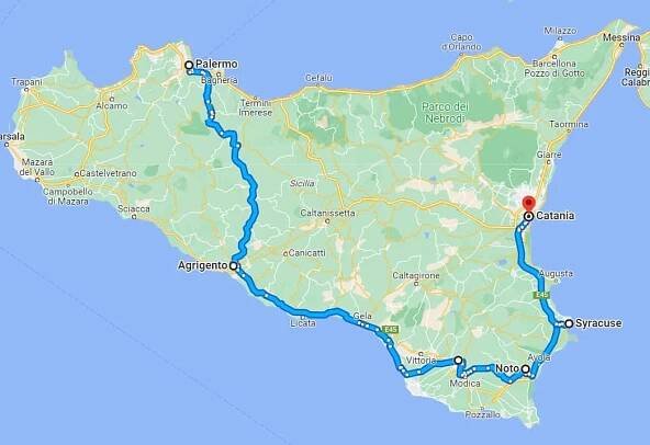 The southern route takes you through Agrigento, Ragusa, Noto, and Syracuse