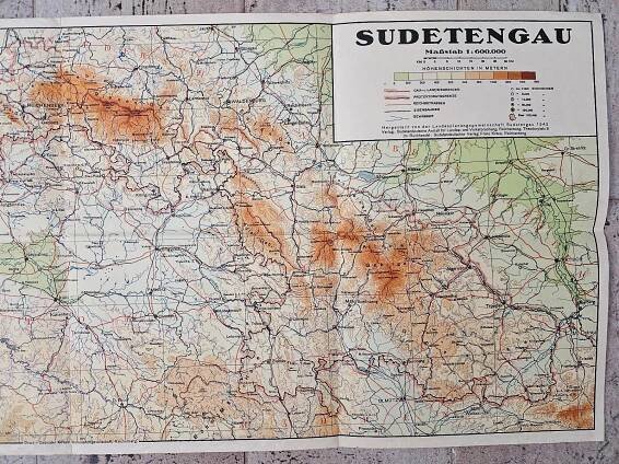 Starožitná mapa SUDETENGAU☆SUDETY☆Obsazení pohraničí☆Vydáno 1942 - Vojenské sběratelské předměty