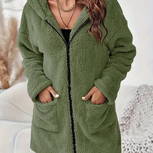 Plus Size, Women's Winter Plush Hooded Jacket - Elegant Casual Zip-Up Coat with Pockets, Vibrant Red, Machine Washable, Soft Fleece Lining for Fall &
