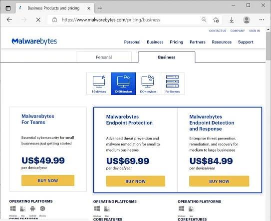 Business license prices for Malwarebytes antivirus