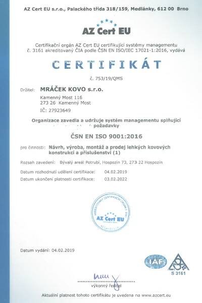 Kvalita a certifikace - Mráček Kovo