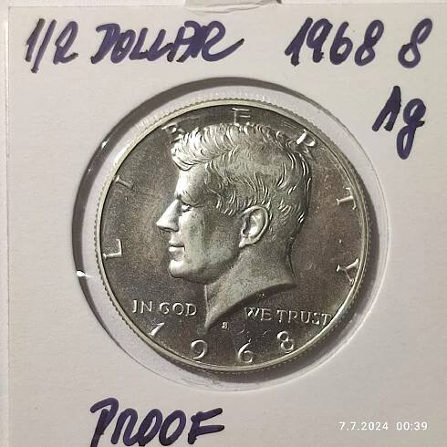 Kennedy Half Dollar 1968S, Proof ze sady, silver