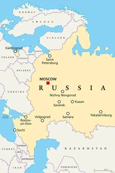 Mapa lokací fotbalového mistrovství světa v Rusku, 2018. Politická mapa západní části Ruské federace s kapitálem Moskva, hranice a sousední země. Anglické označení. Ilustrace. Vektor — Ilustrace