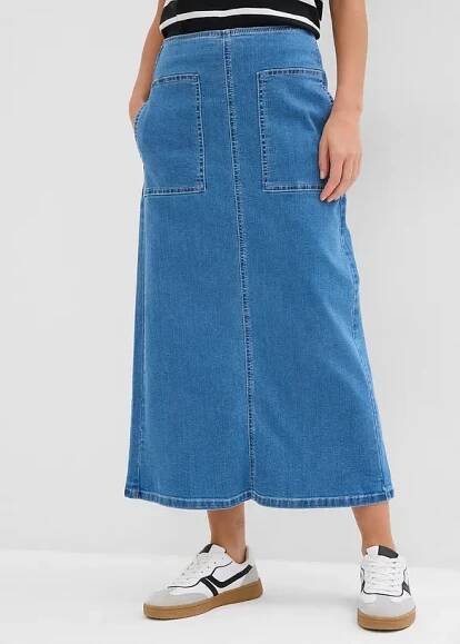 bonprix Džínová midi sukně, Mid Waist Modrá