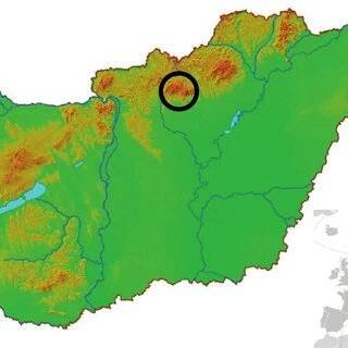 Figure 1. Map of Hungary, with a red circle indicating the location of...