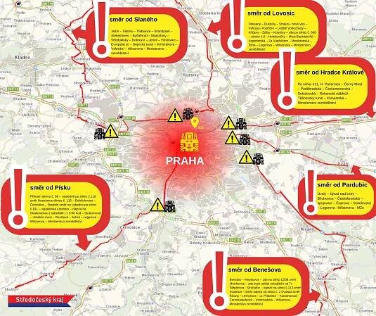 Mapa příjezdů zemědělských strojů.