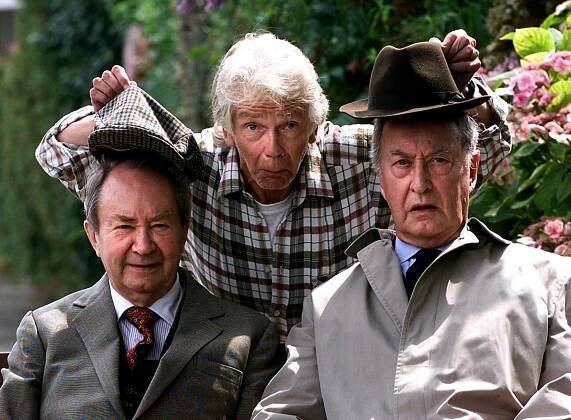 Tom Owen, Peter Sallis, and Frank Thornton, actors from *Last of the Summer Wine*, at Teddington Studios.
