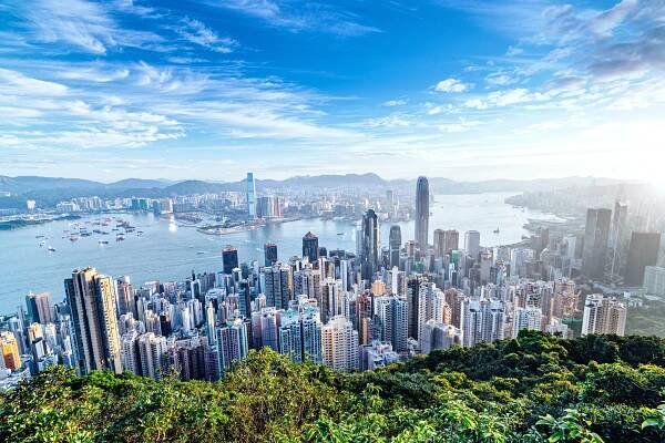 panorama hongkongu při východu slunce - hong kong - stock snímky, obrázky a fotky