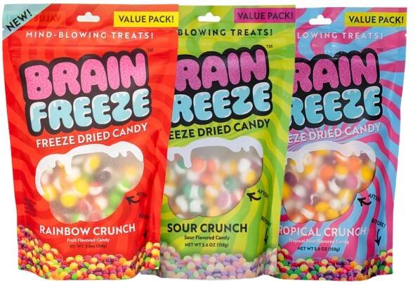 Three colorful bags of 'Brain Freeze' freeze-dried candy.