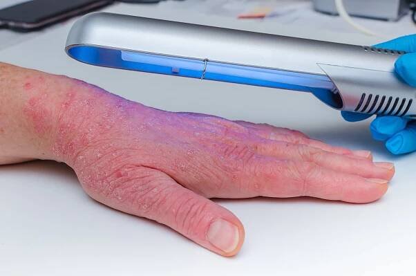 fototerapeutická dermatóza. léčba kožních onemocnění - psoriáza, ekzemy, dermatitida, vitiligo záření s úzkopásmovým ultrafialovým zářením. - psoriáza - stock snímky, obrázky a fotky