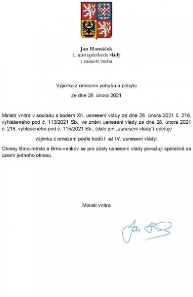 Výjimka z omezení pohybu a pobytu pro okresy Brno-město a Brno-venkov - Aktuality - Újezd u Brna