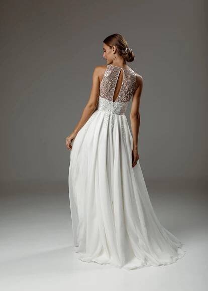 Patricia gown, 2020, couture, dress, bridal, off-white, chiffon, embroidery, A-line, discount, sale