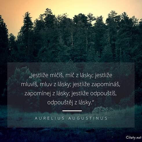Aurelius Augustinus citát: „Jestliže mlčíš, mlč z lásky; jestliže mluvíš, mluv z lásky; jestliže zapomínáš, zapomínej z lásky; jestliže odpouštíš, odpouštěj z lásky.“