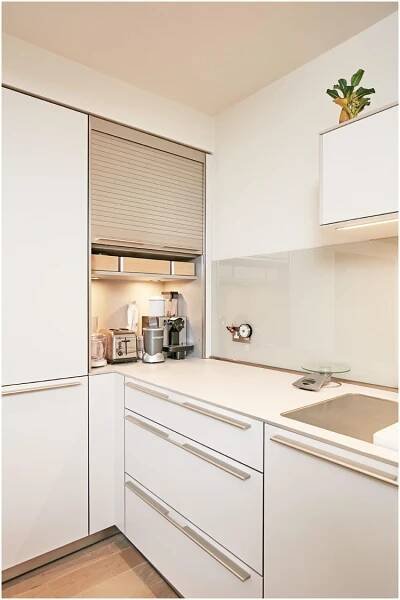 Keep pace with the most contemporary trends in the market by getting REHAU tambour doors. Learn … | Kitchen layout, White kitchen design, Kitchen design small space