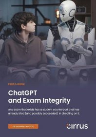 Young student holding a book and looking at a robot, who represents ChatGPT. The text reads: ChatGPT and Exam Integrity.