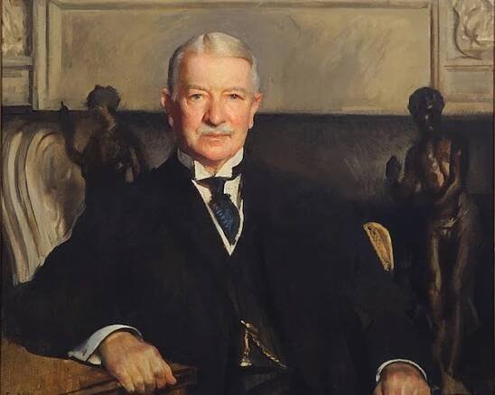 A painting of Charles Glover, the former president of the Riggs Bank sitting by a wooden table.