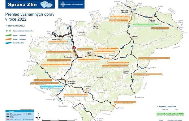 Plán významných oprav na silnicích I. tříd ve Zlínském kraji v roce 2022