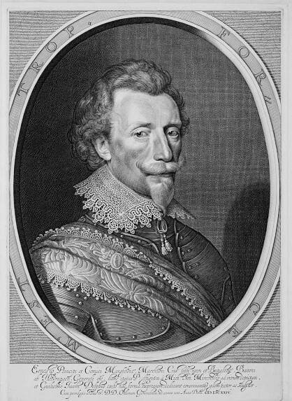 Brustbildnis des Söldnerführers Ernst von Mansfeld (1580–1626) – Radierung und Kupferstich (1624) von Willem Jacobsz. Delff nach einem Gemälde von Michiel Jansz. van Mierevelt; Original-Größe: 42,7 x 30,4 cm (Blatt), 41,4 x 29,0 cm (Platte). Reproduktion (auch im Buch als Frontispiz) mit freundlicher Genehmigung des Landschaftsverbandes Westfalen-Lippe (LWL), Landesmuseum für Kunst und Kulturgeschichte, Münster (Inv.-Nr.: K 67-57 LM)