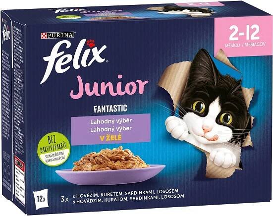 Felix Fantastic Junior s hovězím, kuřetem, sardinami a lososem v želé 12 x 85 g