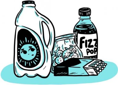 An illustration of common goods from a dairy: milk, lollies, fizzy drink, cigarettes. Illustration by Pepper Curry