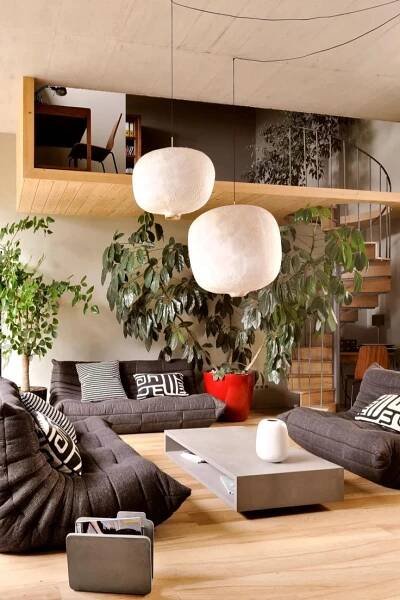 a living room filled with furniture and lots of plants