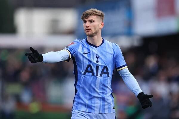 Timo Werner of Tottenham Hotspur gestures during the Emirates FA Cup Third Round match between Tamworth and Tottenham Hotspur  at The Lamb Ground on January 12, 2025 in Tamworth, England.